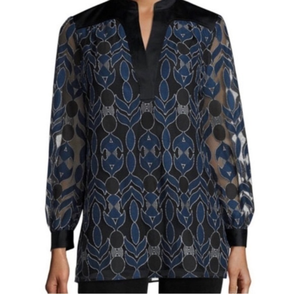 Tory Burch Harbor Split Neck Lace Embellished Tunic Sz XS Blue Black Gold
